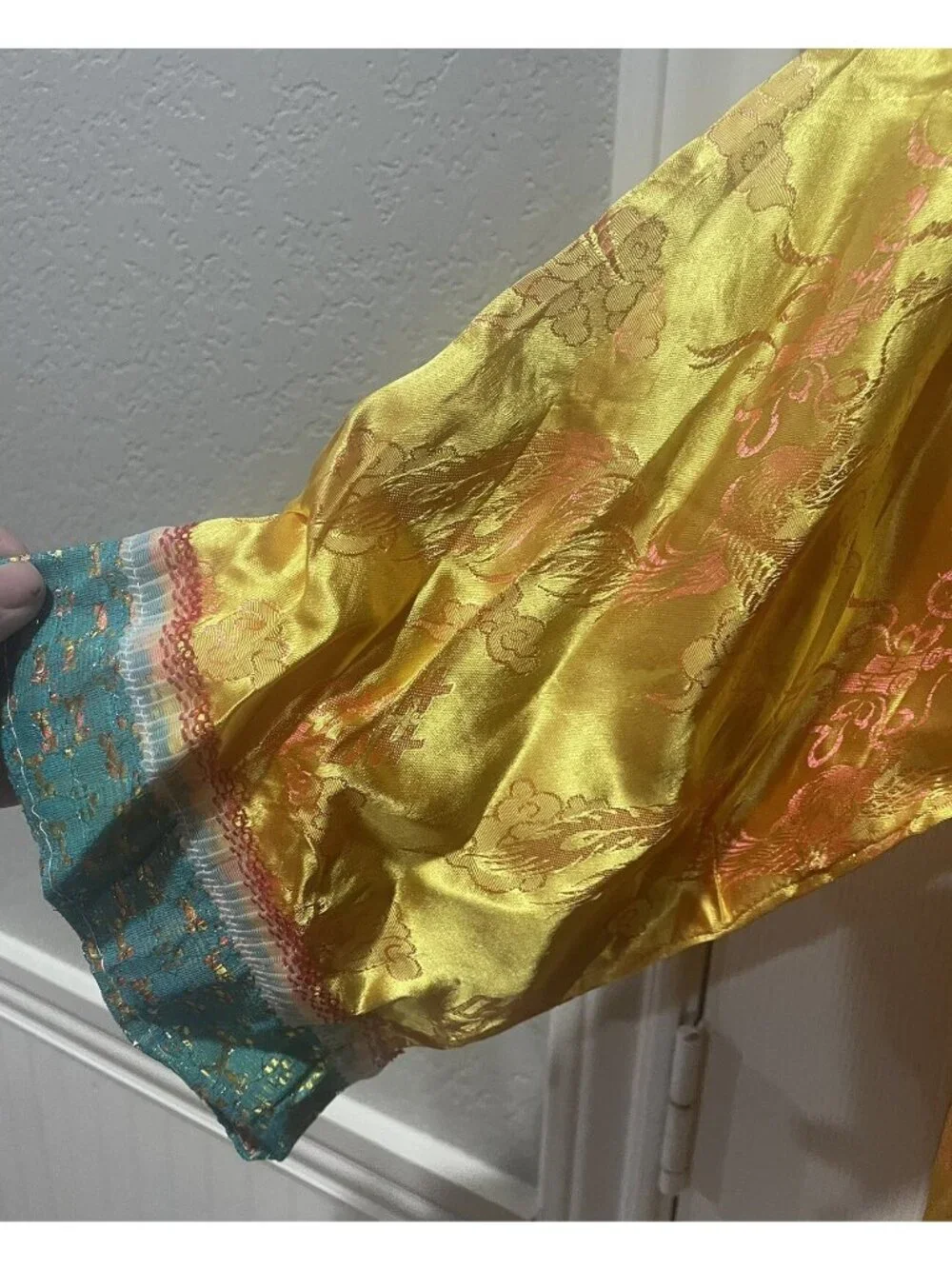 Kimono Coat Intricate Asian Robe Jacket Vintage Gold/Teal/ Orange Silk Lace